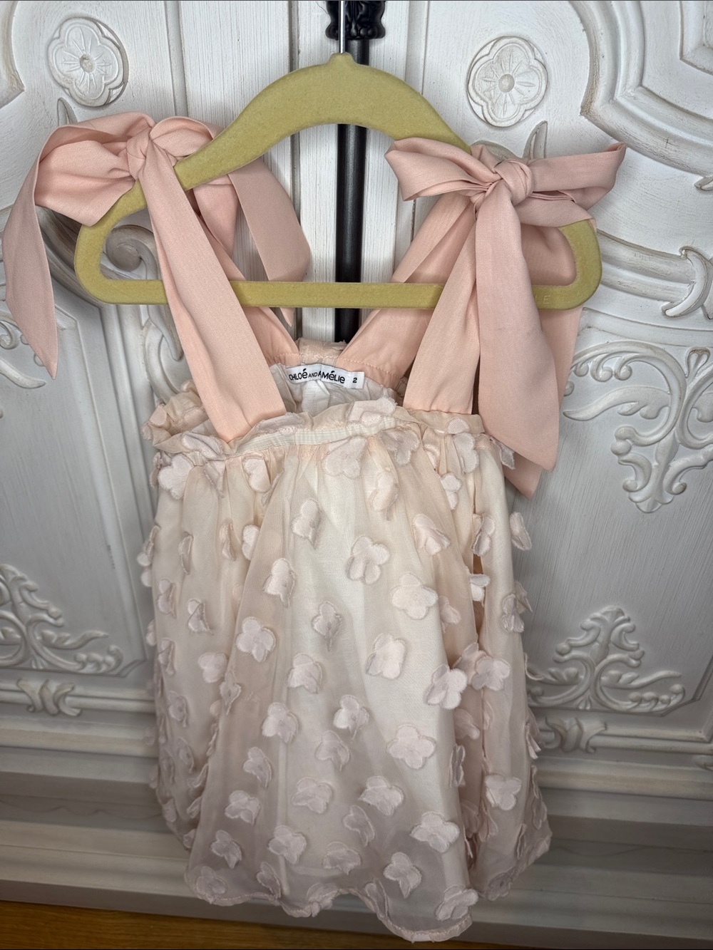 NWT Chloe & Amelie Girls' Blush Floral Appliqué Party Dress with Tie Straps